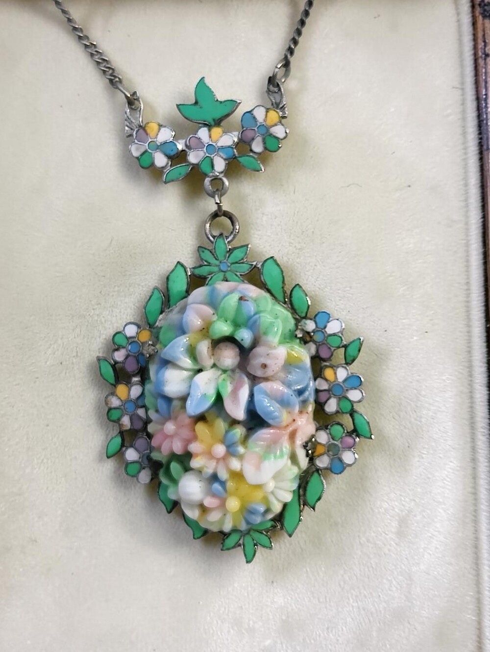 Vintage Art Deco Enameled Floral Pendant Necklace - Picture 2 of 9
